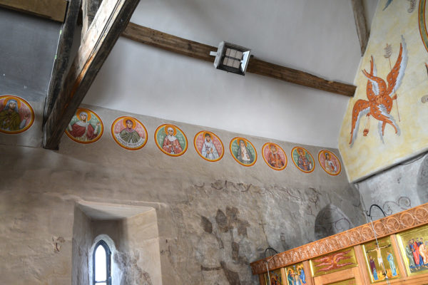 North wall roundels, the Orthodox Church of the Holy Fathers, Shrewsbury, UK, executed in Keims mineral paint.