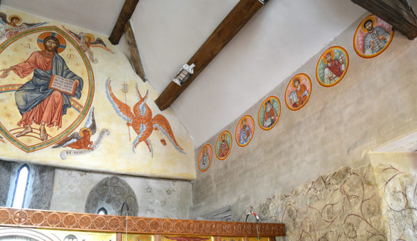 South wall roundels, the Orthodox Church of the Holy Fathers, Shrewsbury, UK, executed in Keims mineral paint.