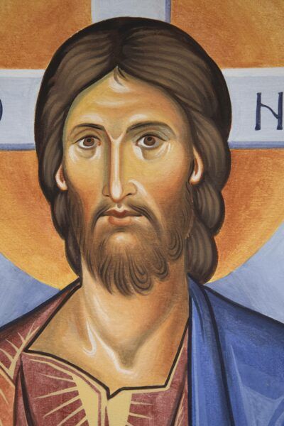 Christ’s face. Detail from mural at St Edward’s RC Church, Lees, Manchester.
