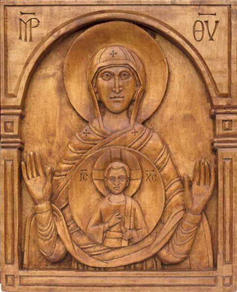 Our Lady of the Sign relief carving in limewood