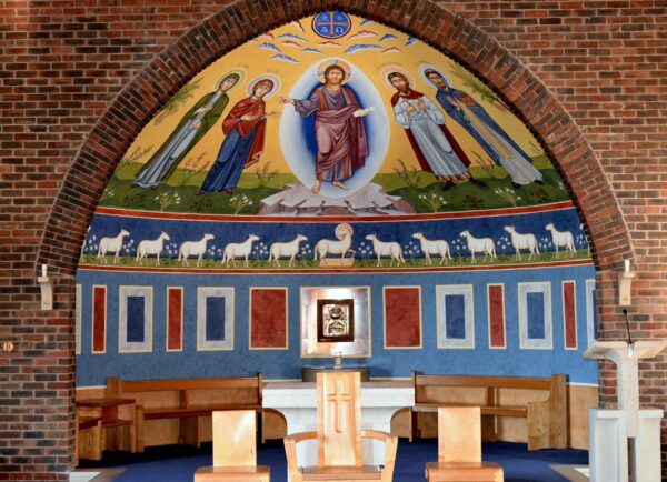 Apse wall painting, for St Christopher’s RC Church, Codsall, U.K. Executed in Keims silicate paints, with the  assistance of students Ander Scharbach, Jessica Nightingale. and Paul Jones